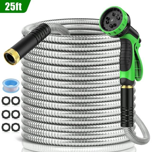 25ft Garden Hose, Metal Stainless Steel Water Hose w/ 10 Functional Nozzles & 3/4 inch Brass Fittings, Flexible, Kink&Tangle Free, Puncture Resistant, Heavy Duty Water Pipe for Yard&Outdoor(Sliver)