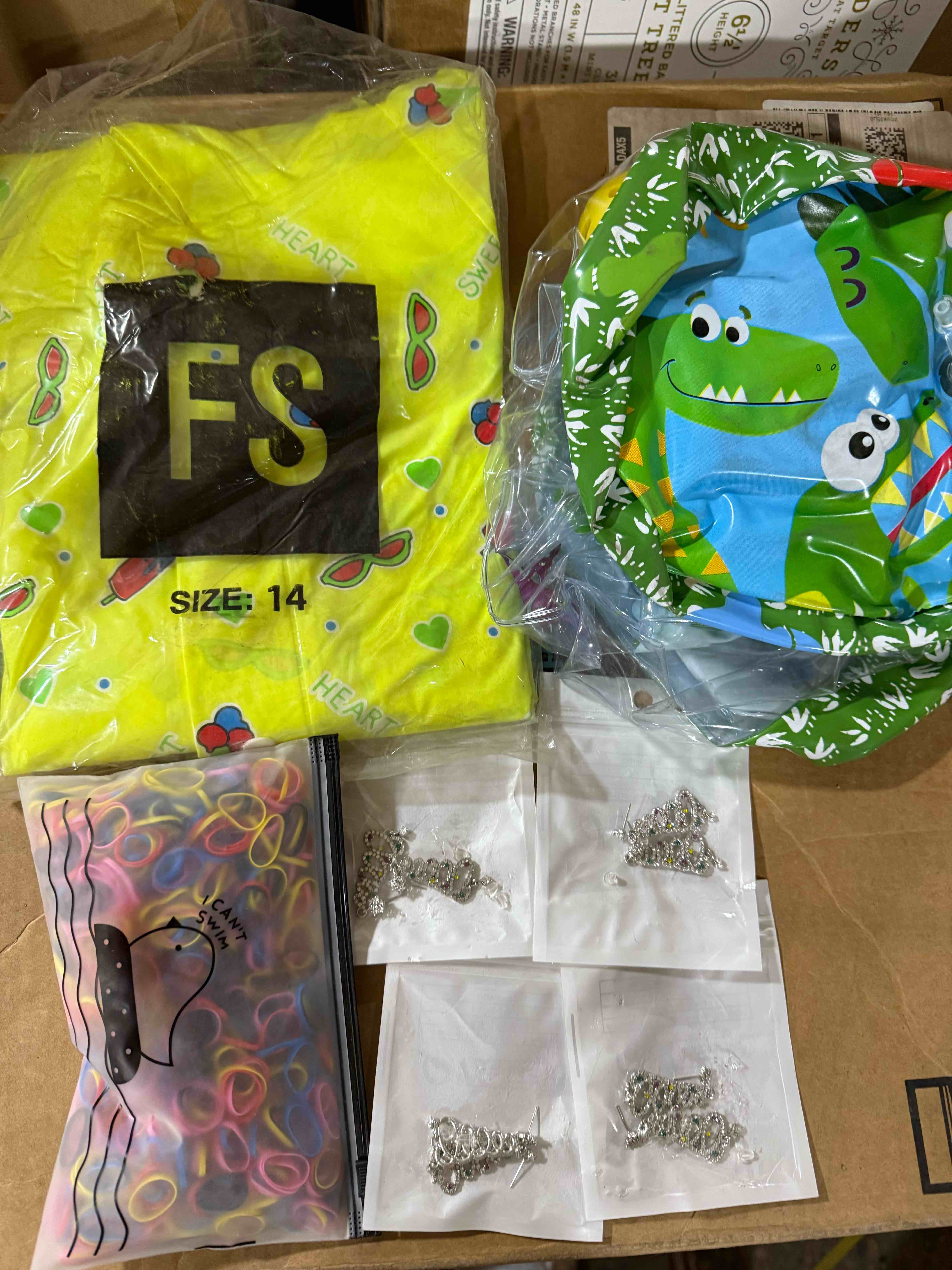 Condition photo showing New/Like New for lot of misc items, rain coat, jewelry, rubber bands and more 