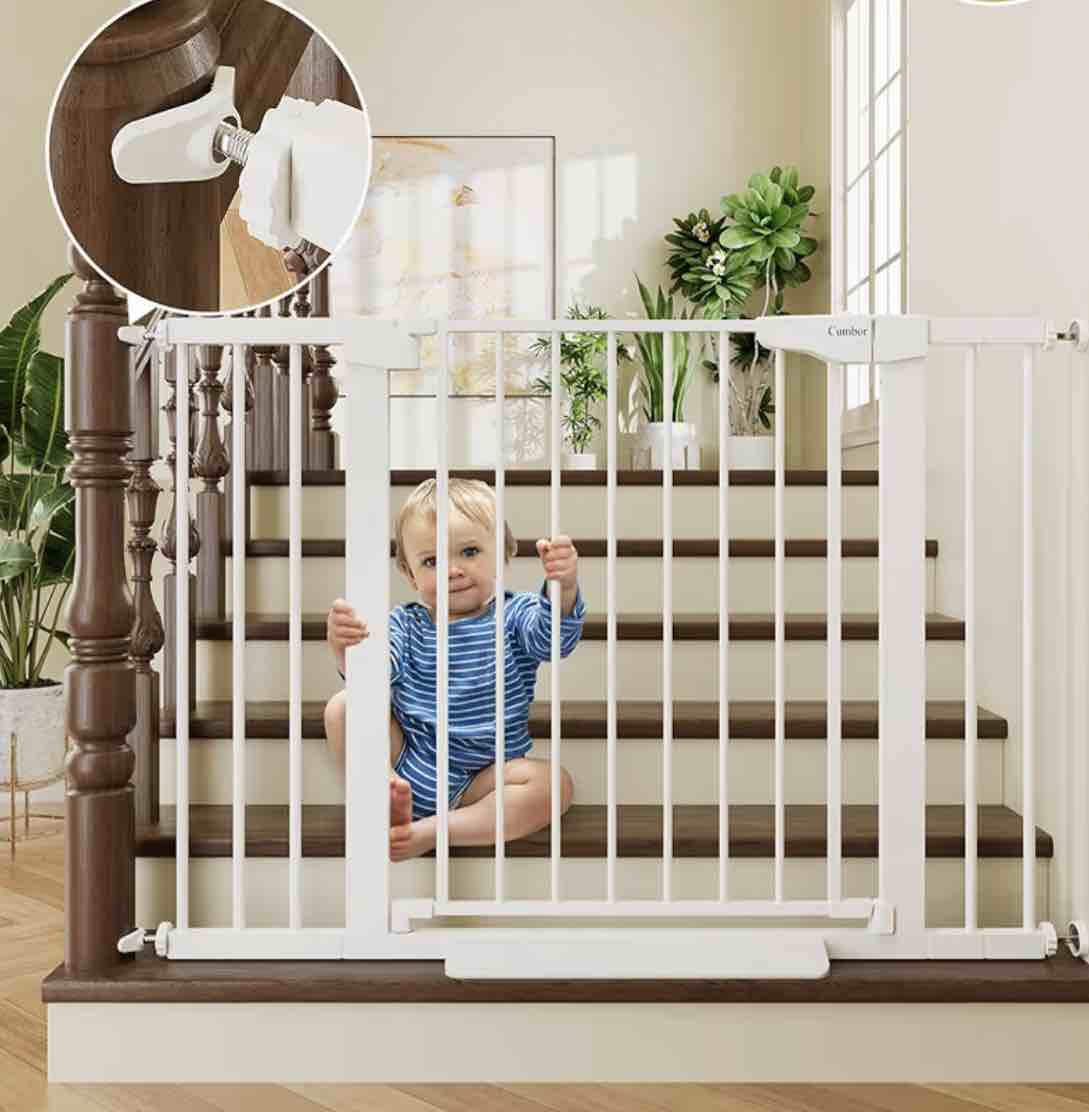Cumbor 29.7-46" Baby Gate for Stairs, Toddler Safety Essentials for The House, Auto Close Dog Gate for Doorways, Mom's Choice Awards Winner-Easy Install Pressure Mounted Pet Gates for Dogs, White