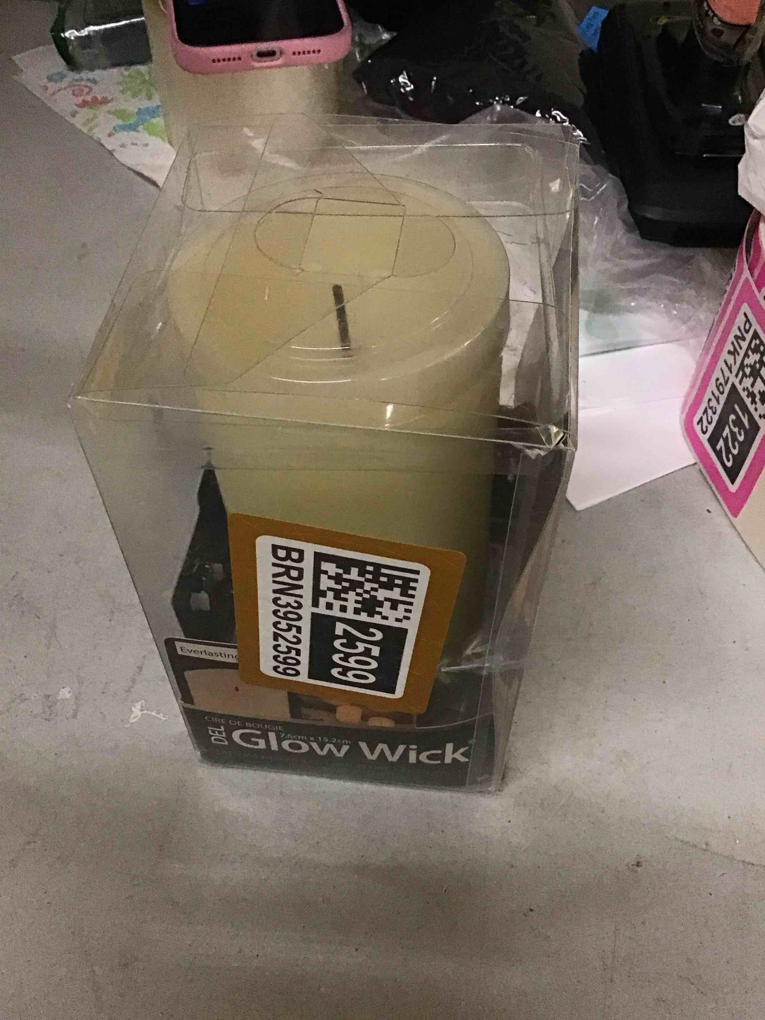 Condition photo showing As Is for 6-inch tall battery-operated bisque wax glow wick® led candle with vanilla scent