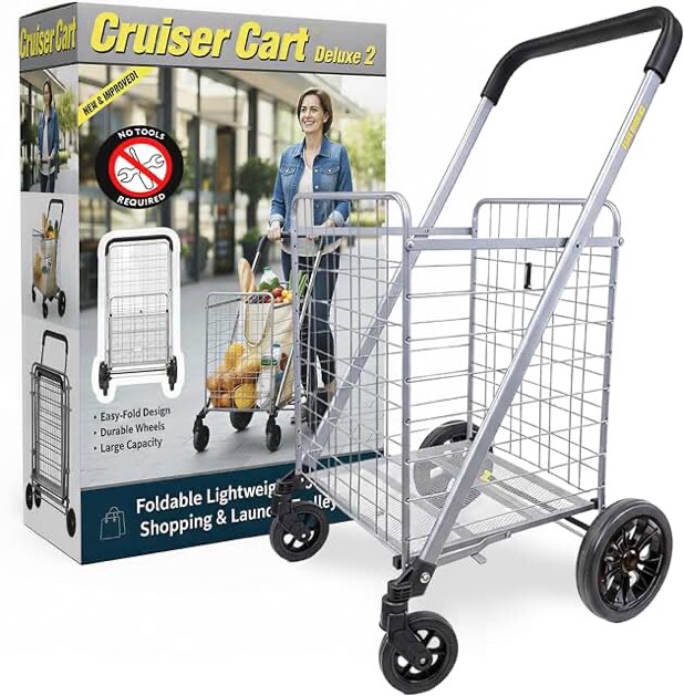 dbest products cruiser cart deluxe 2 - foldable shopping cart with wheels & brake system - heavy duty collapsible utility cart for groceries & laundry - holds 100 lbs - silver, alloy steel