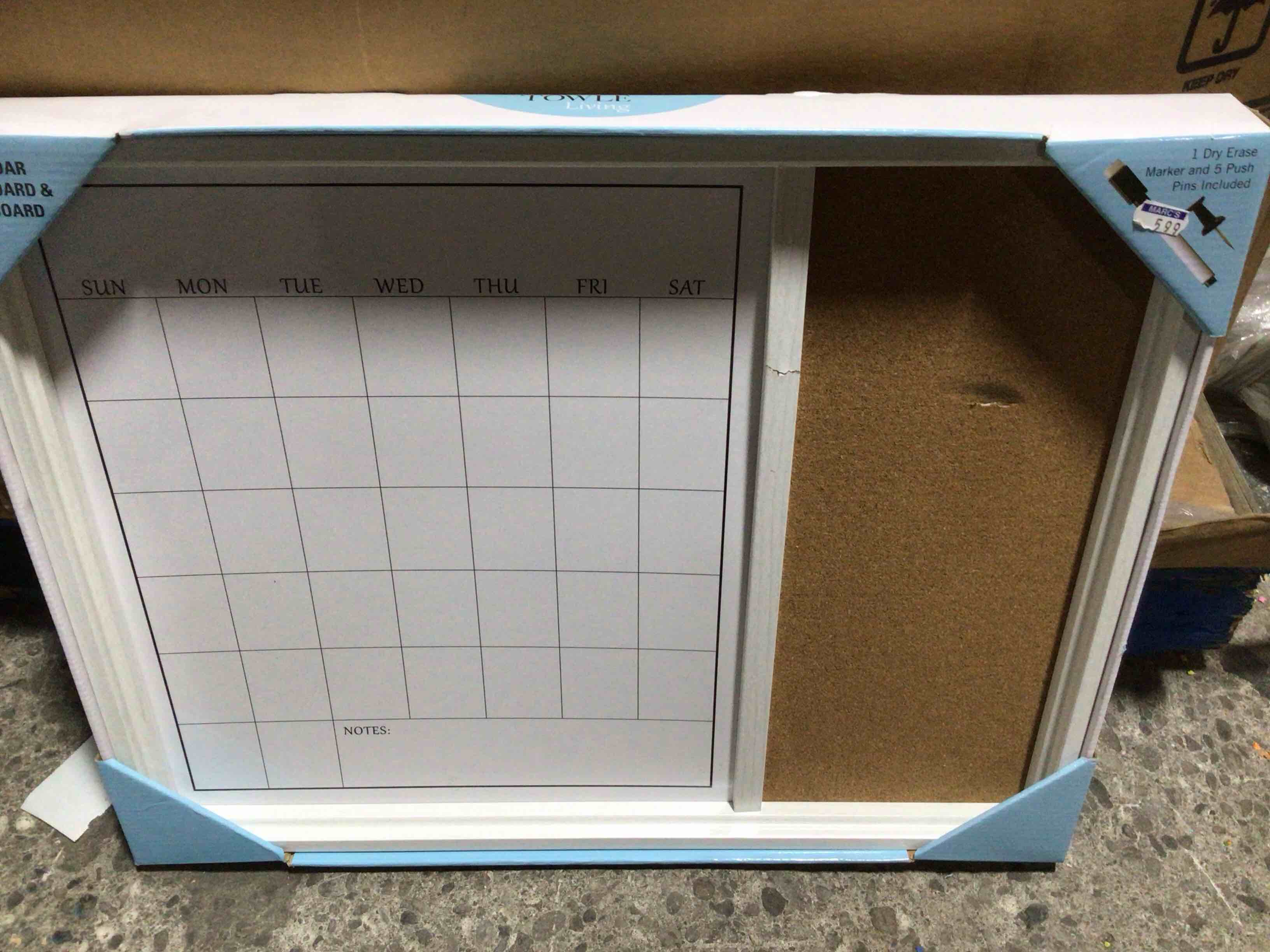 Condition photo showing Good Condition for everette magnetic dry erase monthly calendar and cork board combo with included marker, magnets, and push pins, woodgrain frame
