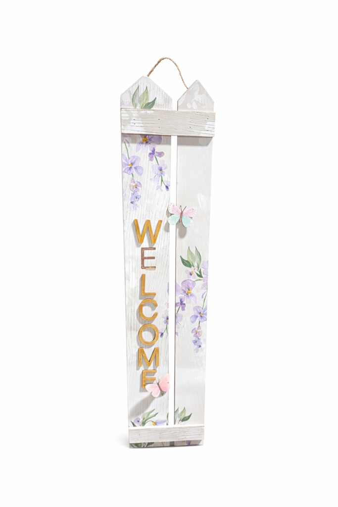tall welcome sing with flower butterfly, tall welcome sing for front door, 46.5 inch welcome sing for freestanding front porch decor 