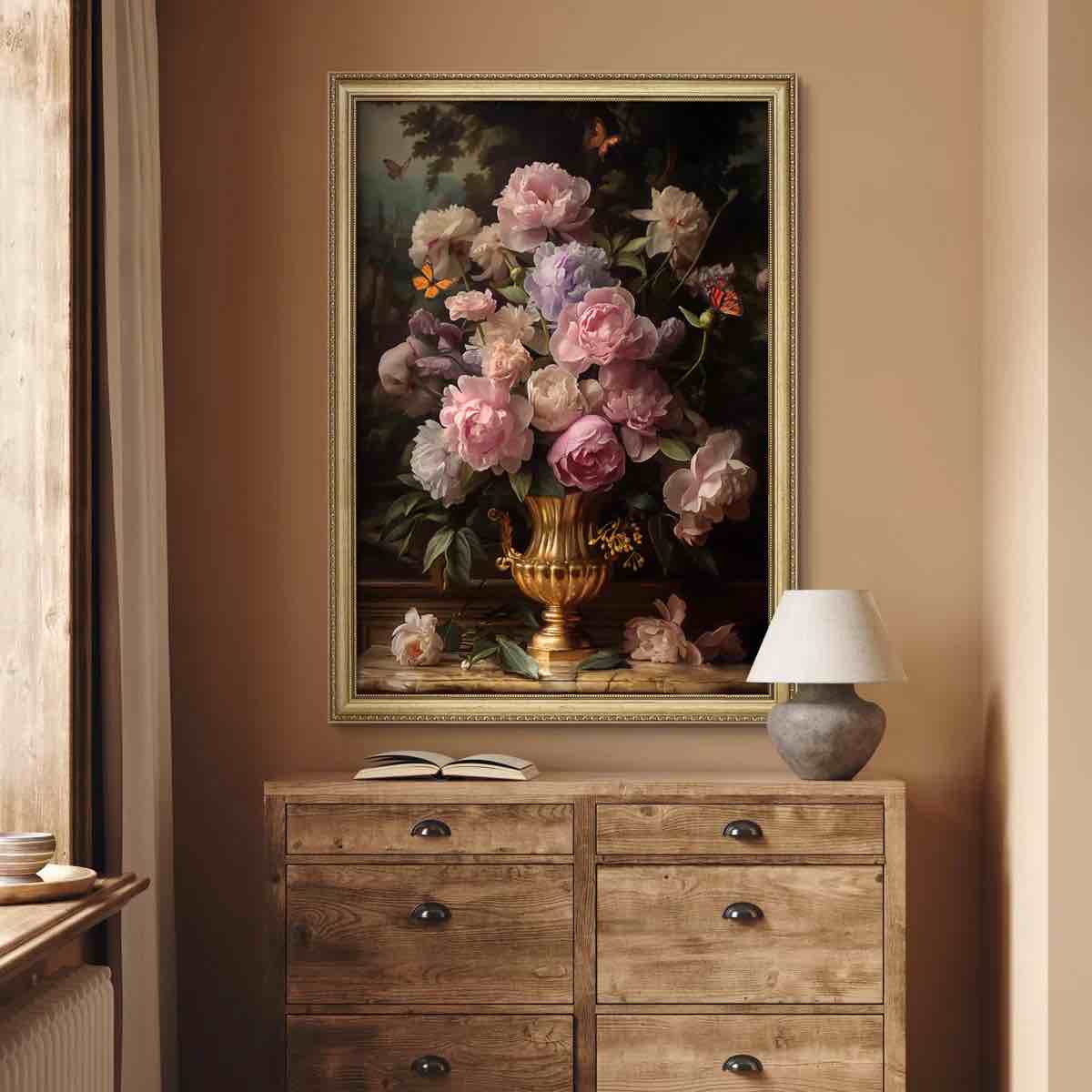 Classic Floral Vintage Peony Flower Bouquets Impressionism Gold Framed Wall Art Decoration ".    24 x32