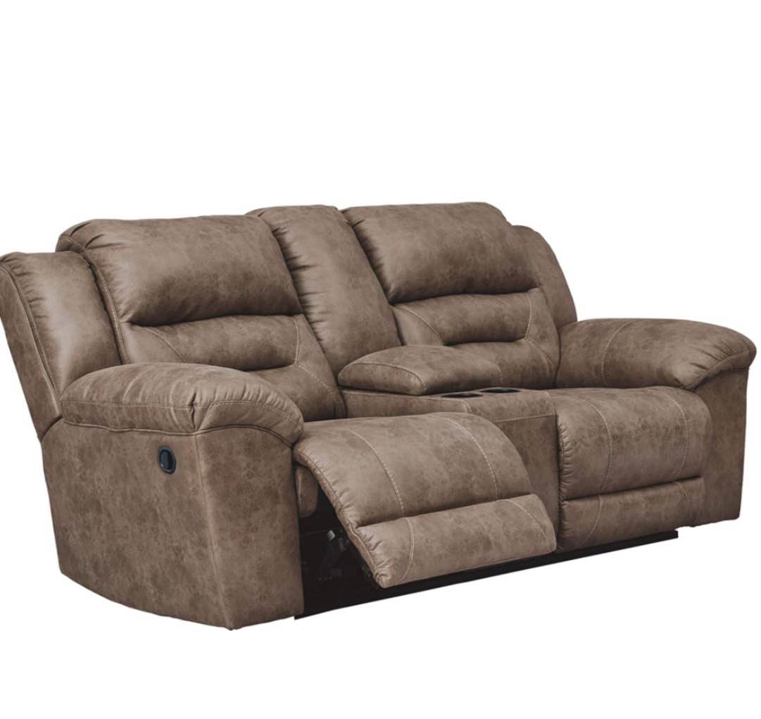 Stoneland Faux Leather Manual Double Reclining Loveseat with Center Console, Light Brown 