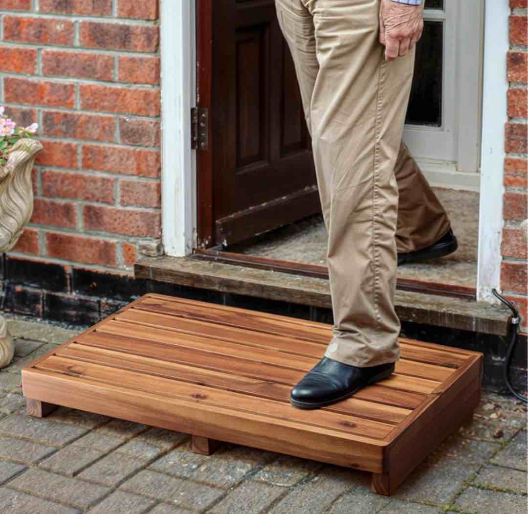 tinamo 3.5" one step stool for elderly (no assemble required)- acacia wood high riser step stool for bed - 550 lbs wooden mobility stepping stools for adults, kids/bedside, bathroom, kitchen, garden