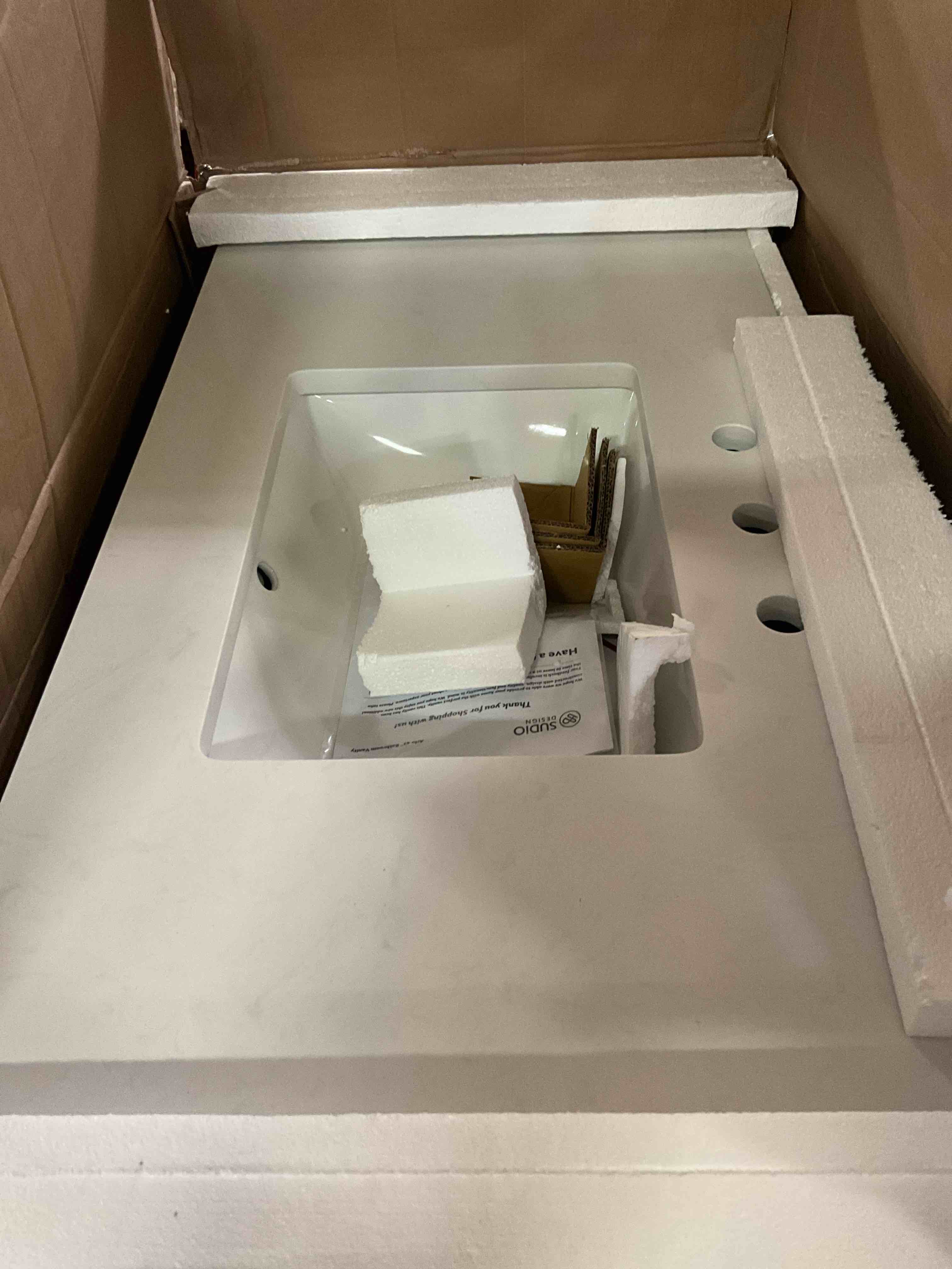Condition photo showing New/Like New for arlo 42 in. w x 22 in. d x 34 in. h bath vanity in taupe with engineered stone top in ariston white with white sink