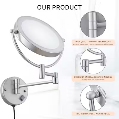  8-in x 8-in Brushed Chrome Double-Sided 10x Magnifying Fog Resistant Wall-mounted vanity mirror with Light