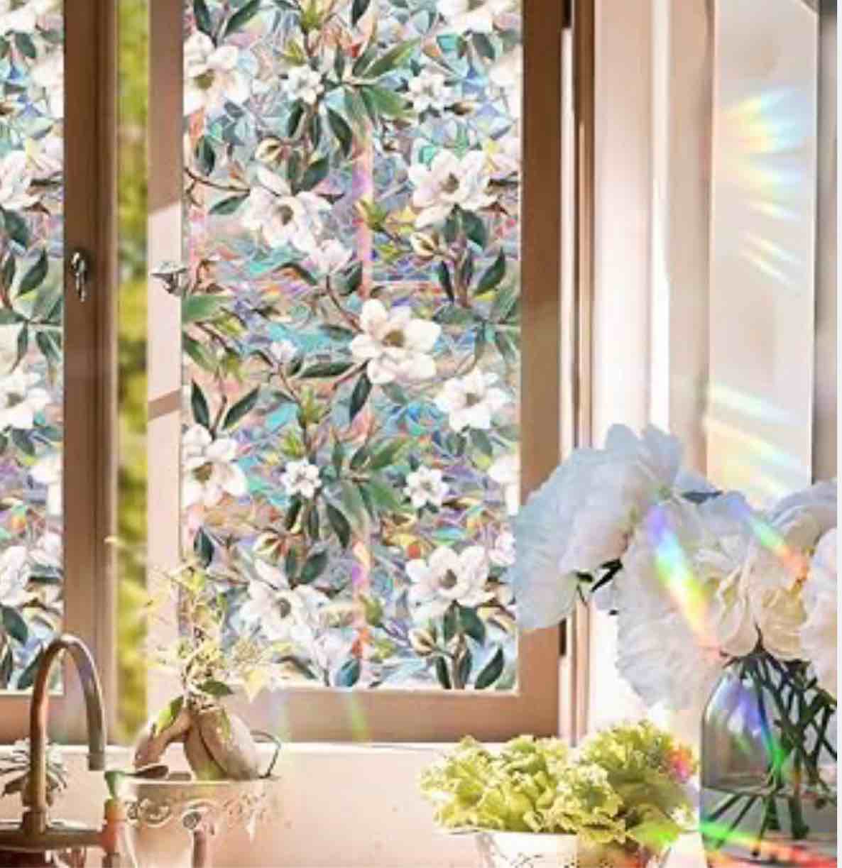 Retro Gardenia Flowers Window Privacy Film, Gardenia Stained Glass 