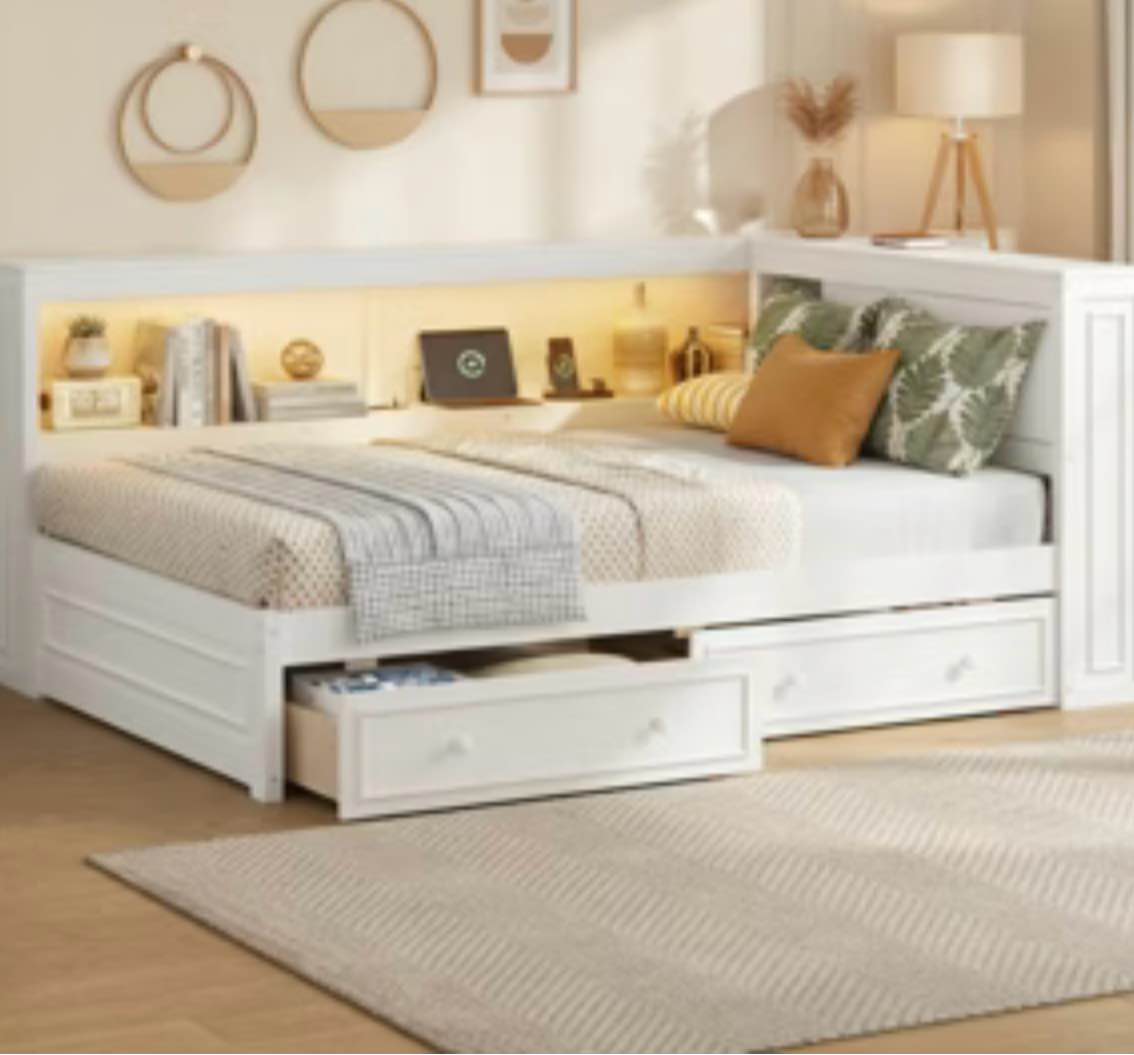 Full Size Wood Daybed With Storage Shelves, U98, LED And 2 Drawe,Only small part, and a complete one 