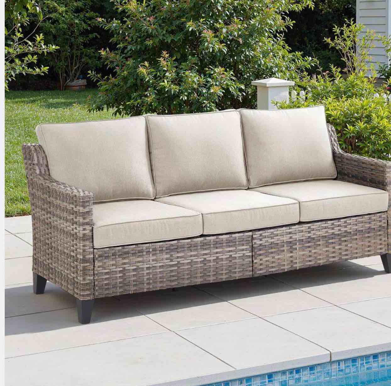 GlideRail 3-Seat Gray Wicker Outdoor Couch with 4 In. Olefin Beige Cushions Patio Lounge Furniture.imcomplete 
