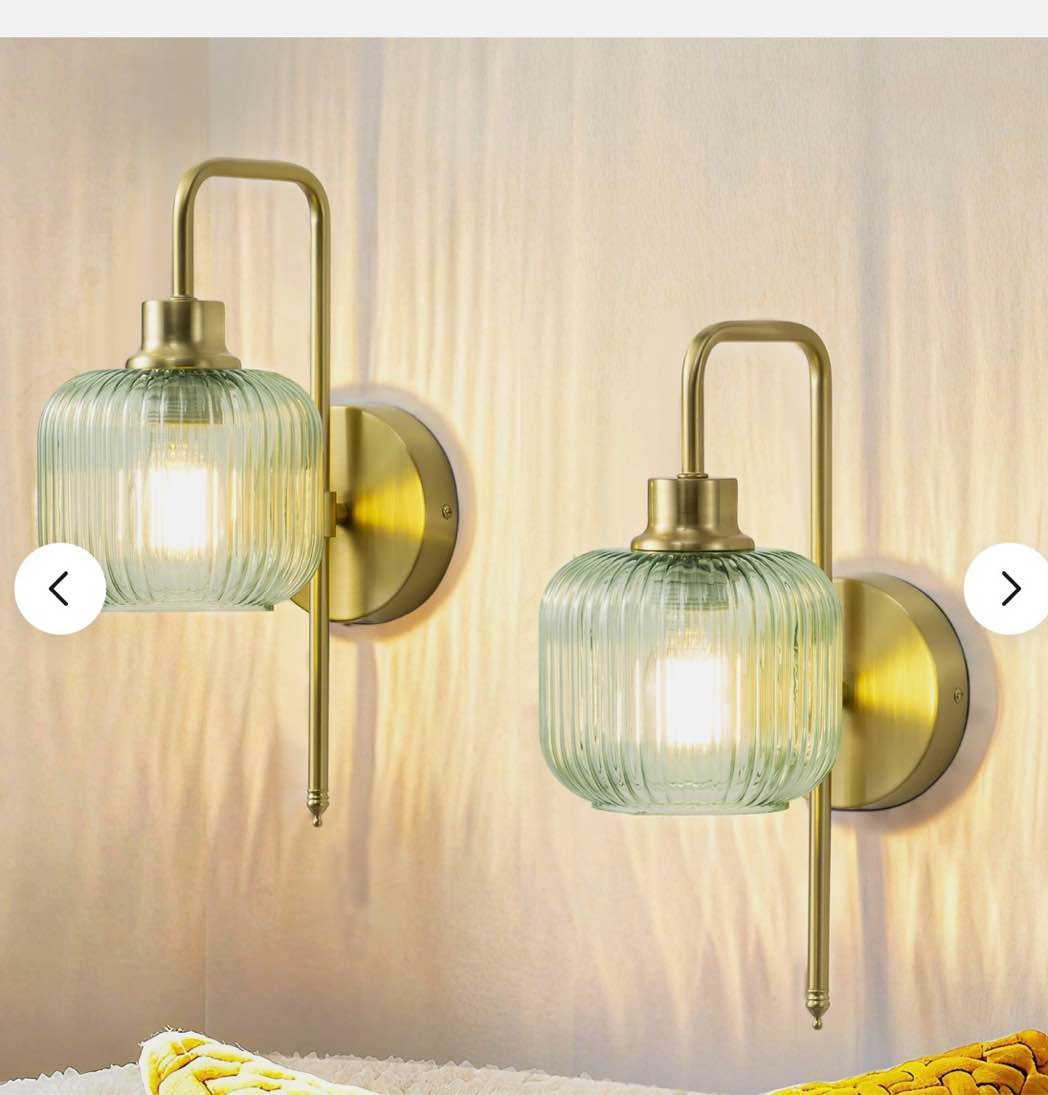 Operated Wall Sconce Set of 2, Gold Plug-In/Hardwired Wall Lights Green Glass