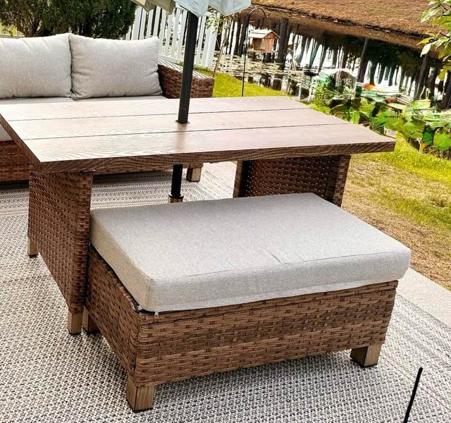 Brown And White Outdoor Rattan Ottoman And Table