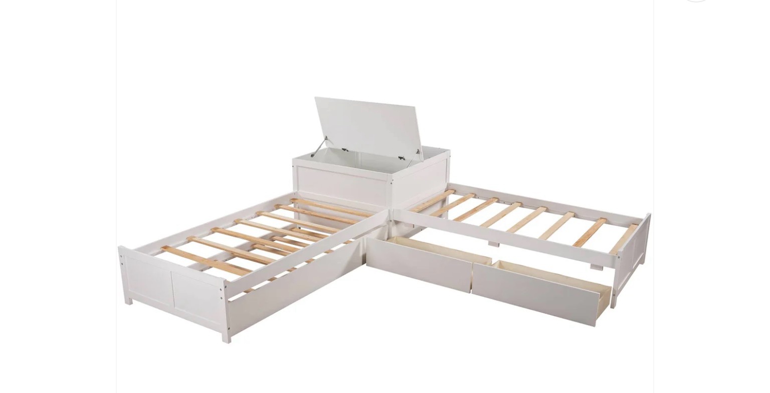 L-shaped Platform Bed with Trundle and Drawers Linked with built-in Flip Square Table,Twin,White.