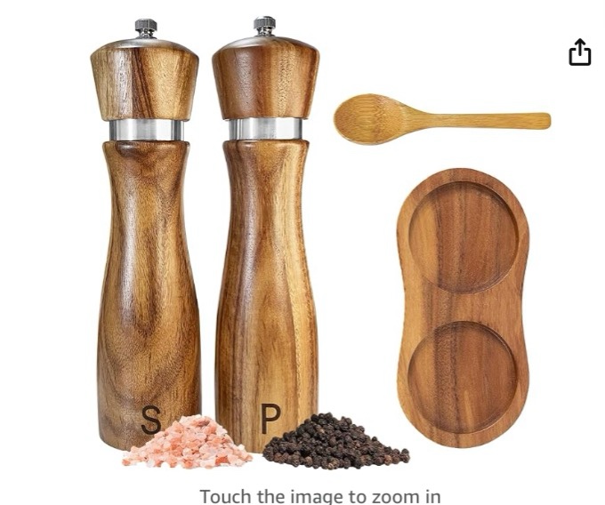 Wooden Salt and Pepper Grinder Set:Pepper Grinder Manual,Adjustable Coarseness,Crafted of Acacia Wood with Ceramic/Stainless Steel Core|Along with Salt&Pepper Mill Tray,Spoon,8in,2pack