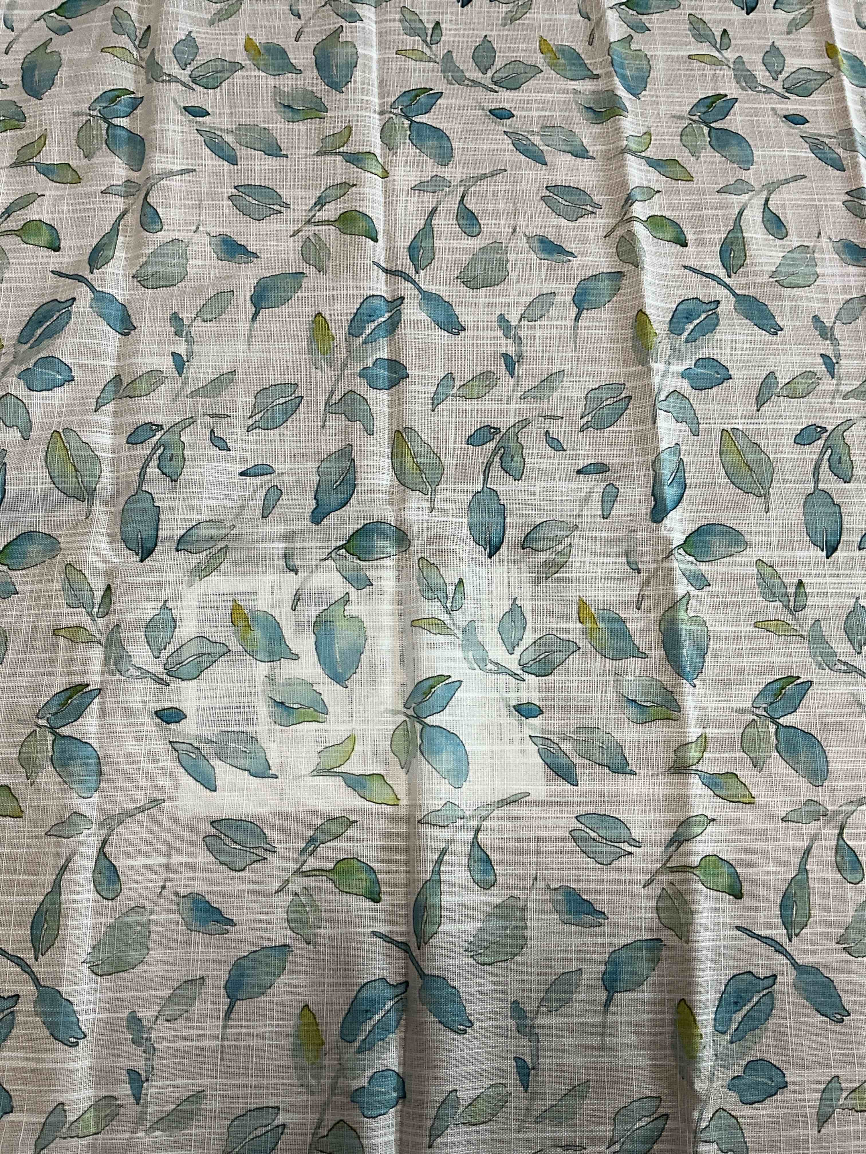 White Curtain With Green And Blue Leaves Print, 2Piece, 27”W x 36”L