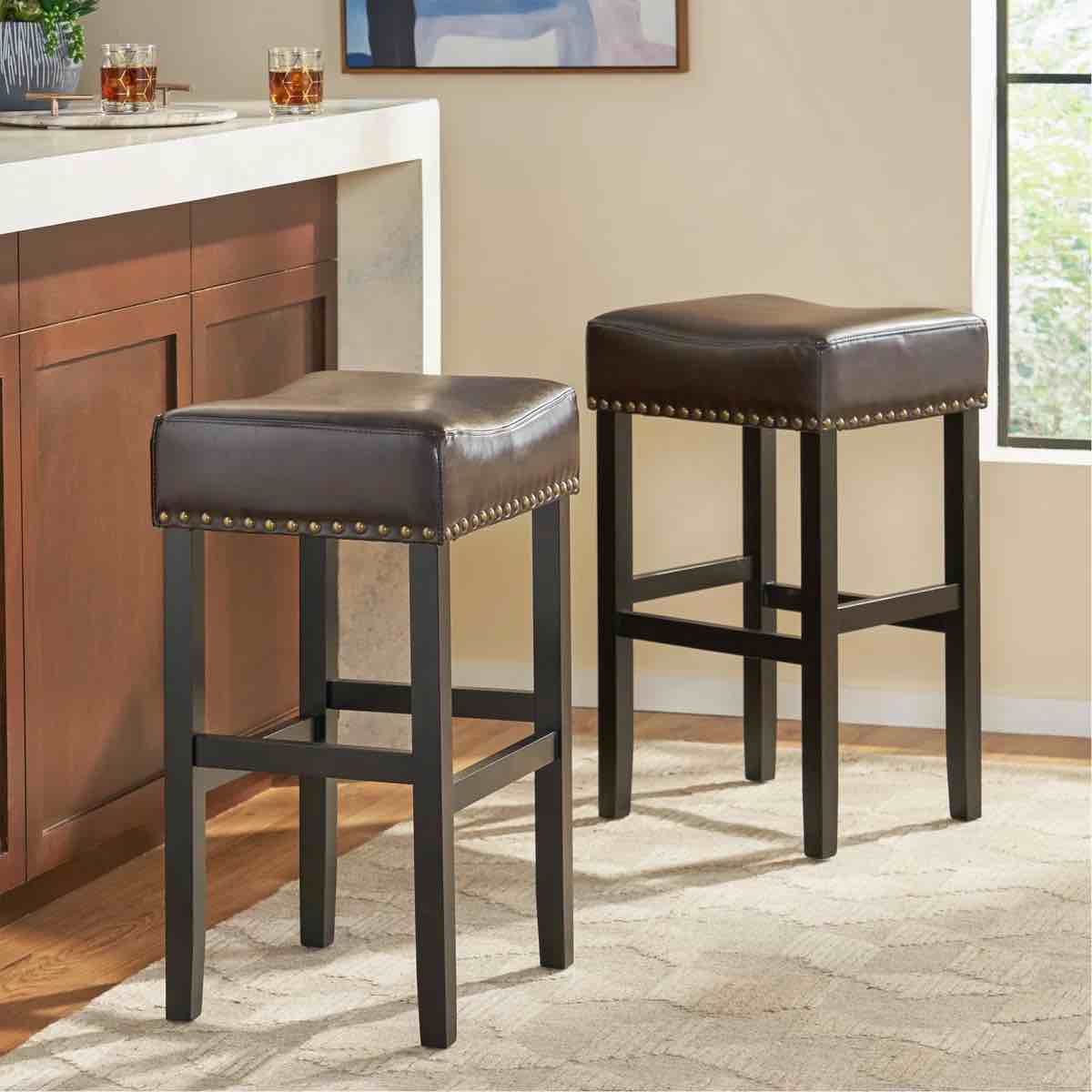 Stylish And Comfortable Leather Counter Stool Set For Your Home Or Office Set Of 2