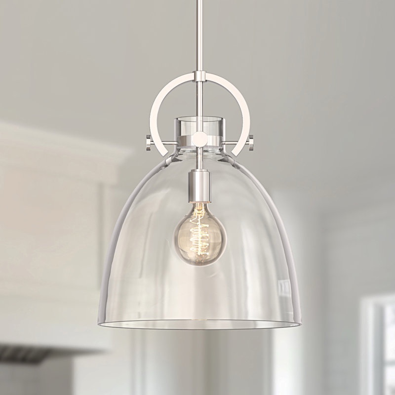 1-Light Modern Brushed Nickel Geometric Pendant Light With Clear Glass Shade For Kitchen, Dining, Or Foyer Spaces 14” x 15.9”