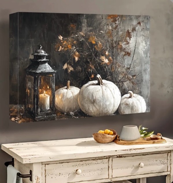solid wood frame, autumn pumpkin oil painting mural, white pumpkin still life painting, autumn harvest season Thanksgiving Halloween poster, family farmhouse kitchen living room porch gift size 47” X 32”
