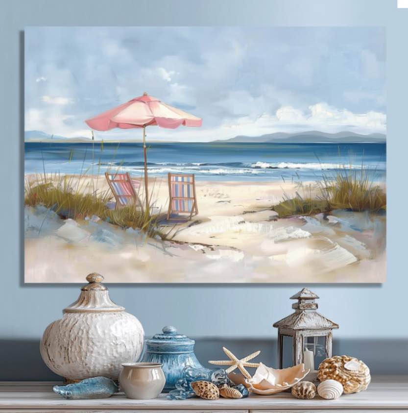 Pink Beach Chairs Coastal Scenery I - Beach Wall Art Print Size 60” X 28” 