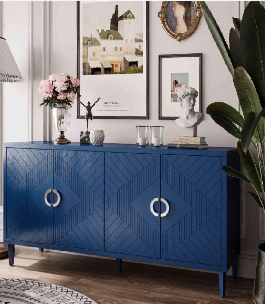 Stylish 4-Door Storage Cabinet with Pine Legs and MDF, Versatile for Living Room, Bedroom, and Kitchen, 59.84"L x 15.75"W x 32.48"H, Navy Blue