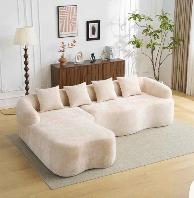 Full Compression L-Shape Sectional Sofa Curved Chaise Beige Modular Chenille  (Only Box B)