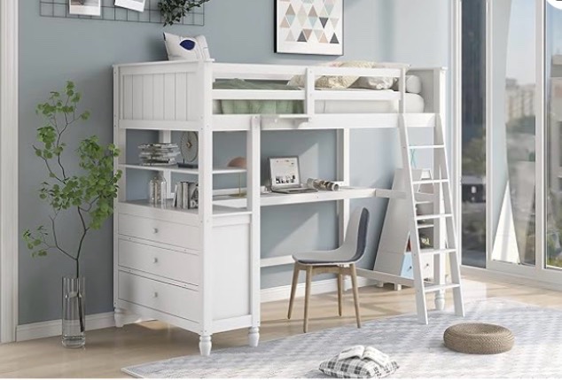 Twin Size Loft Bed with Drawers and Desk, Wooden Loft Bed with Shelves - White