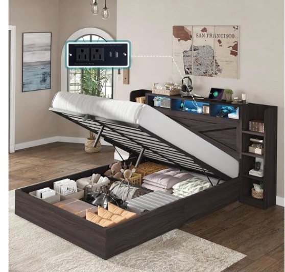 AMERLIFE Queen Size Lift Up Storage Bed Frame, 45.1" LED Bed Frame with 2 Side Shelves & Bookcase Headboard, Farmhouse Wood Platform Bed with Charging Station, No Box Spring Needed, Black (Incomplete )