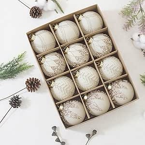 3.15INCH Beige Velvet Ornaments for Christmas Tree, 12PCS Glitter Flocked Christmas Ornaments Decorations Balls Set Decor