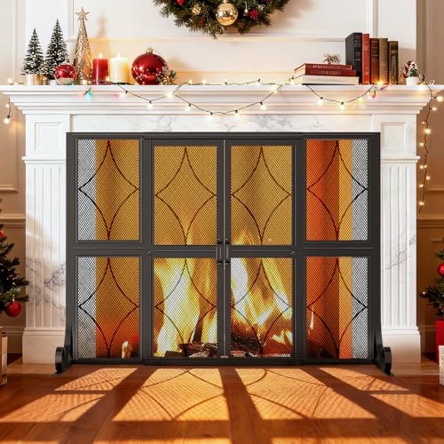 Fireplace Screen with Sliding Doors, 37.8" W x 30.7" H Modern Wrought Iron Spark Guard Cover for Christmas Decorative, Baby and Pet Proof, Large