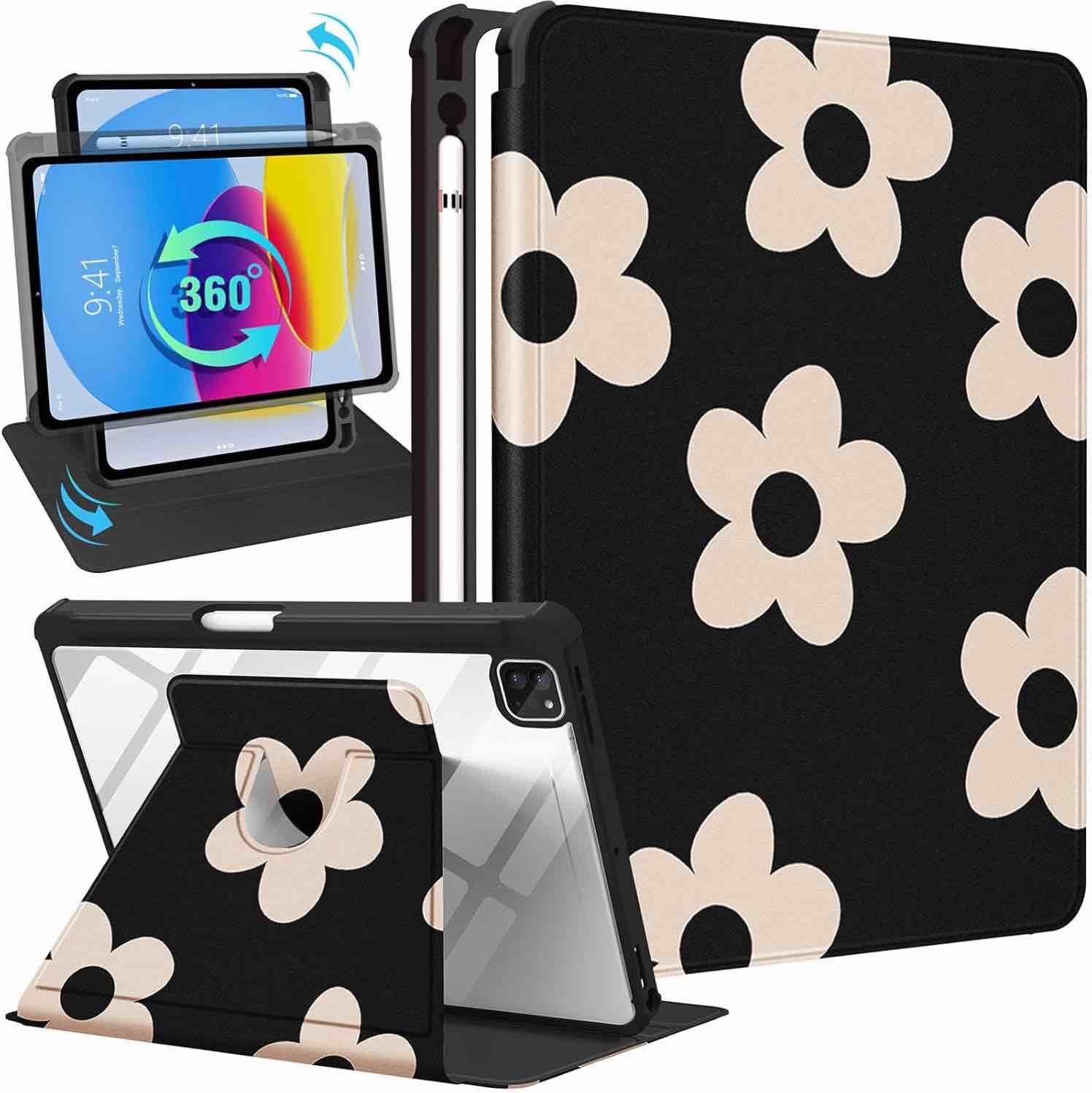 for iPad Air 11 inch Case, Air 5th/4th Generation 10.9, Pro 11'' Case Women Girls for Apple Pencil Holder Flower Cute Rotating Folio Cover for iPad Air 11 2024 (M2), 10.9 2022 2020, Pro 11