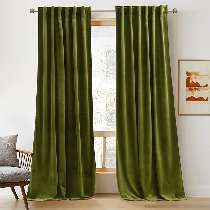 RYB Home Green Curtains 84 inches Long? Plush Velvet Curtains, Thermal Insulated Darkening Window Drapes for Living Room? Privacy Drapes for Guest Room, W52 x L84, 2 Panels