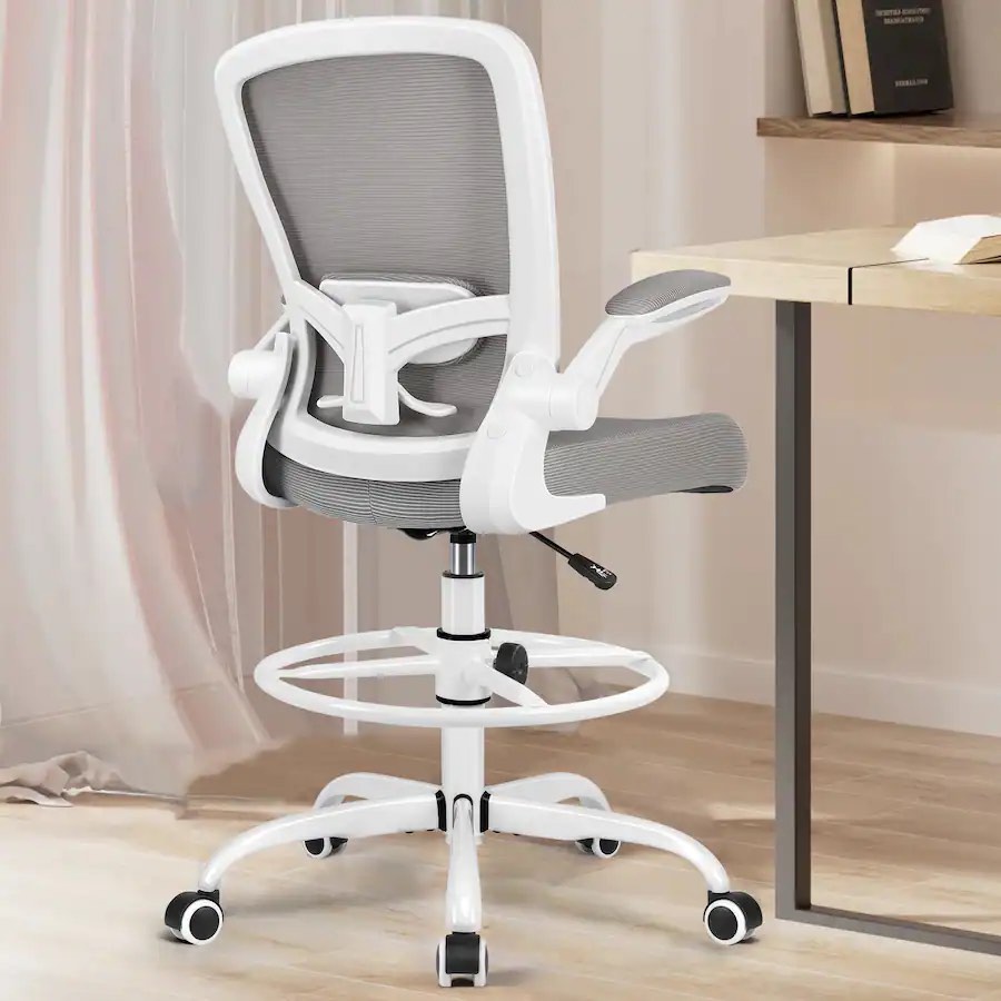 KERDOM - High Back Drafting Chair Ergonomic Tall Office Chair With Lumbar Support Breathable Mesh Painting Chair, Flip-up Armrest - Gray