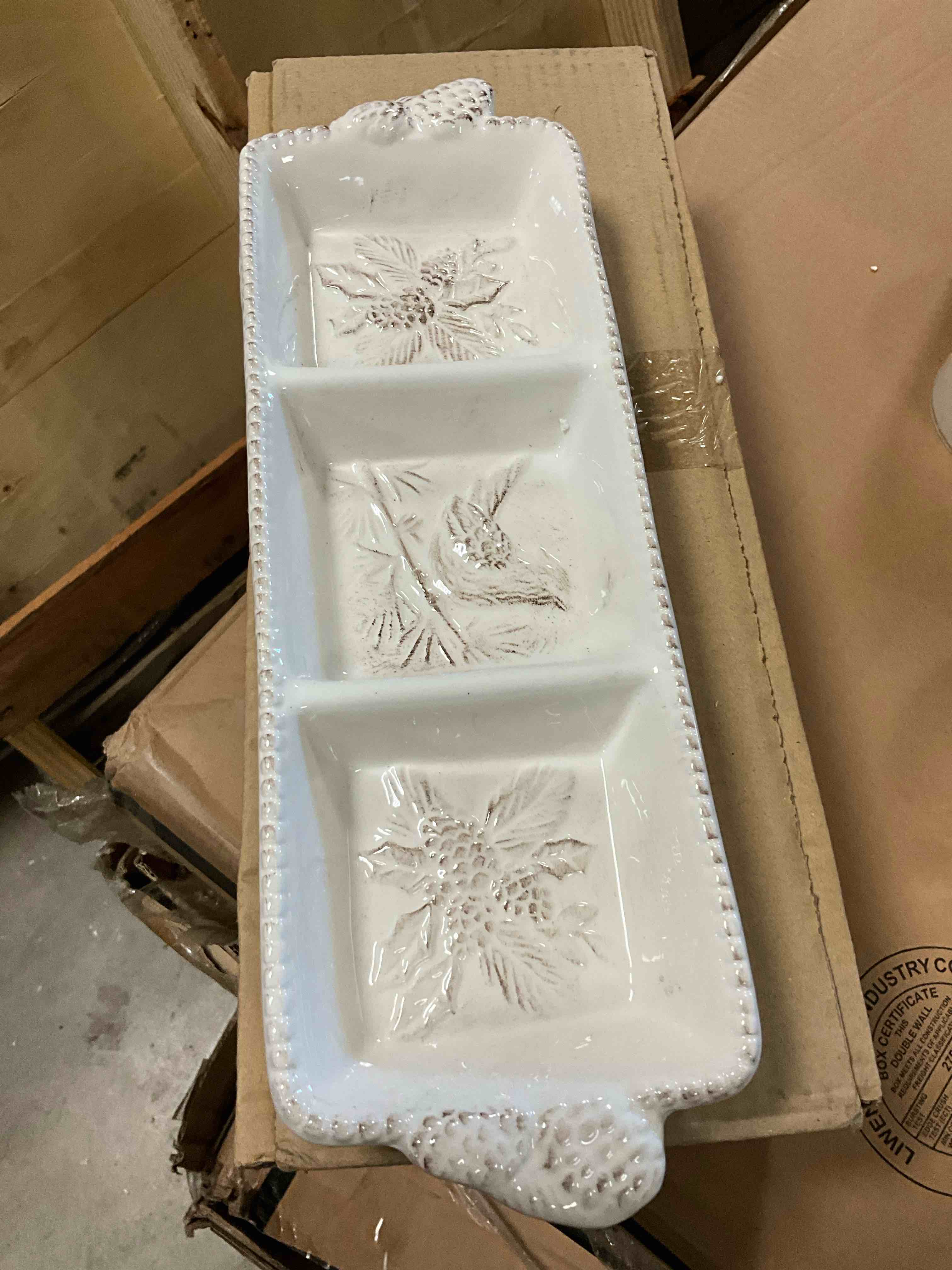 15 inch white ceramic dibided rectangular dish embossed with bird and pin