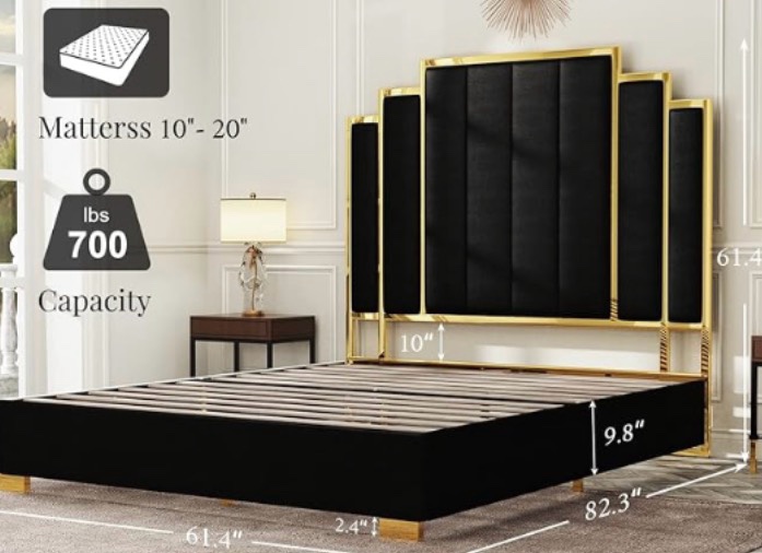 Rails velvet upholstered bed with gold trim size king