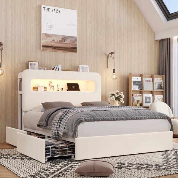 upholstered bed frame, storage bed with leb and charging station white 