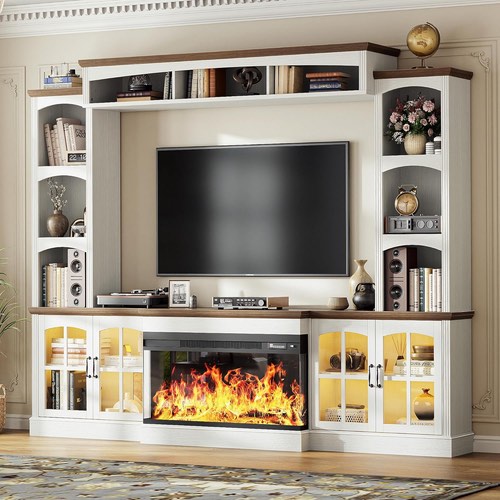98" Farmhouse TV Stand with Electric Fireplace & Storage for 75" TVs, White