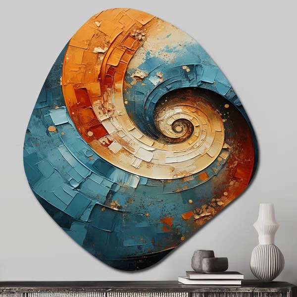  Orange Teal Abstract Spirals 1 - Abstract Spirals Unique Shape Metal