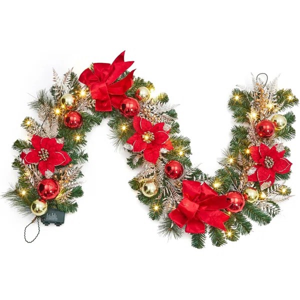 Lit Christmas Garland with Lights with 20 Lights Red Flower and 