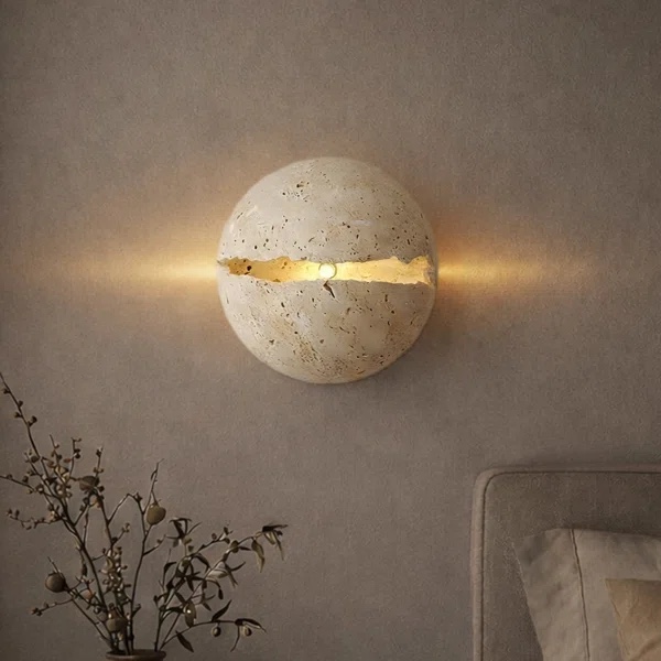 Natural Travertine Wall Sconce With Irregular Center Crack, Lunar Whi