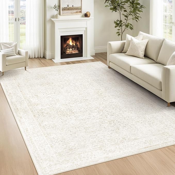 Bedroom Rug Washable Large Area Rugs Foldable Low Pile Print Non Slip Boho Patterned Rugs for Bedroom Living Room Dining Home Office (Floral Beige, 