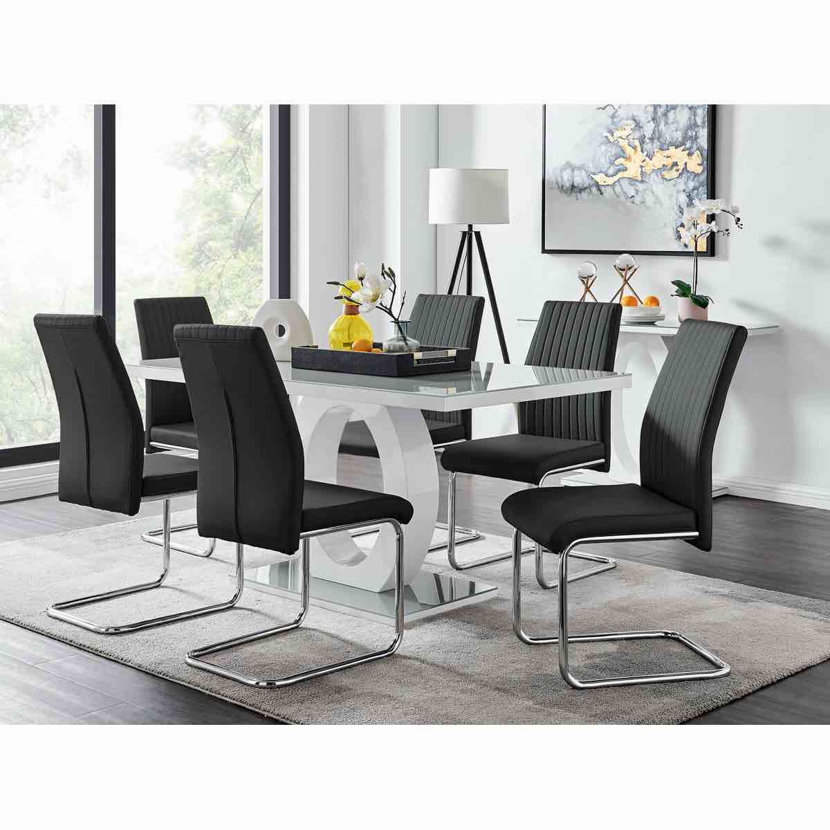 Scottsmoor Modern High Gloss Halo 6 Seater Dining Table Set with Luxury Faux Leather Dining Chairs