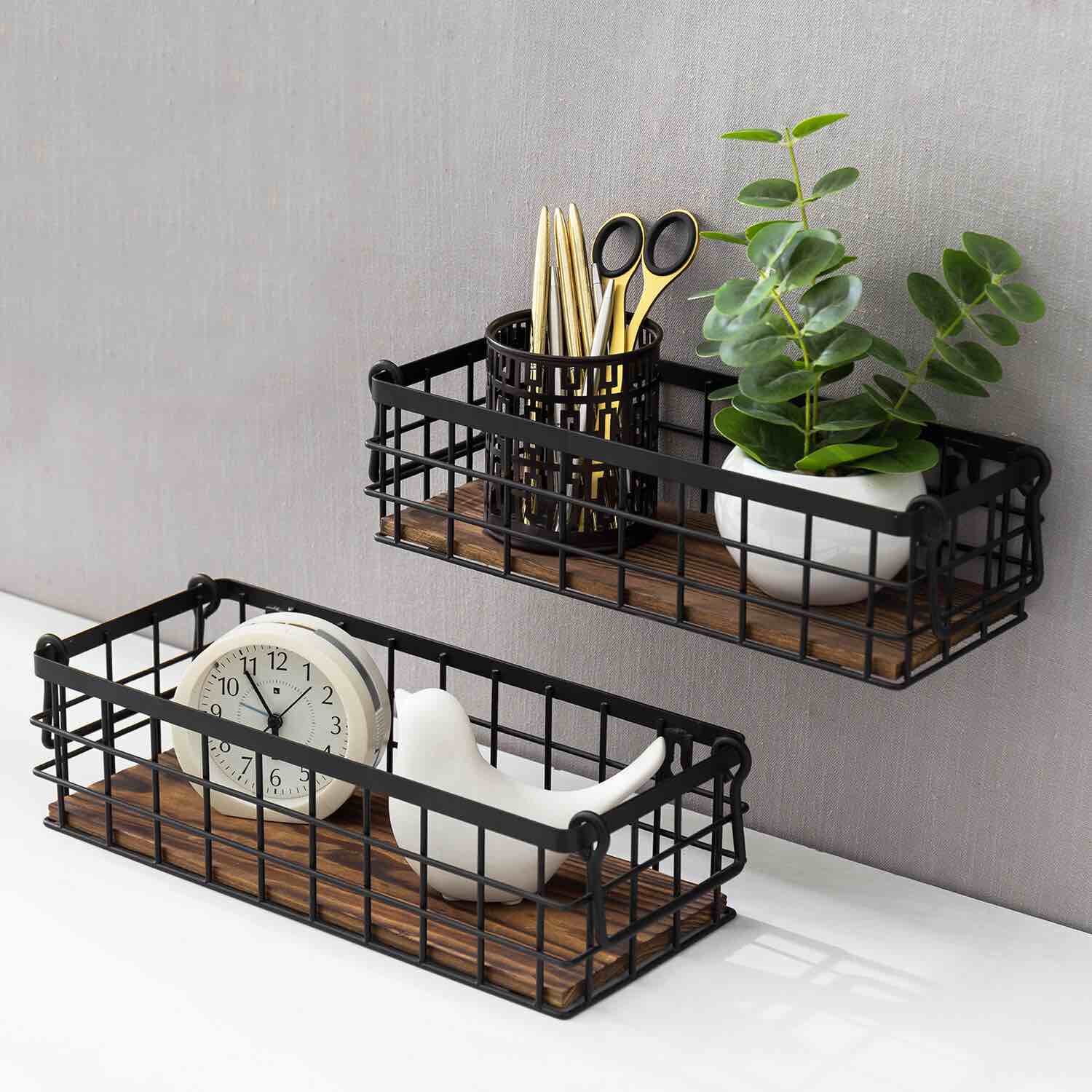 MyGift Set of 2 Black Metal Wire and Burnt Wood Storage Baskets with Handles