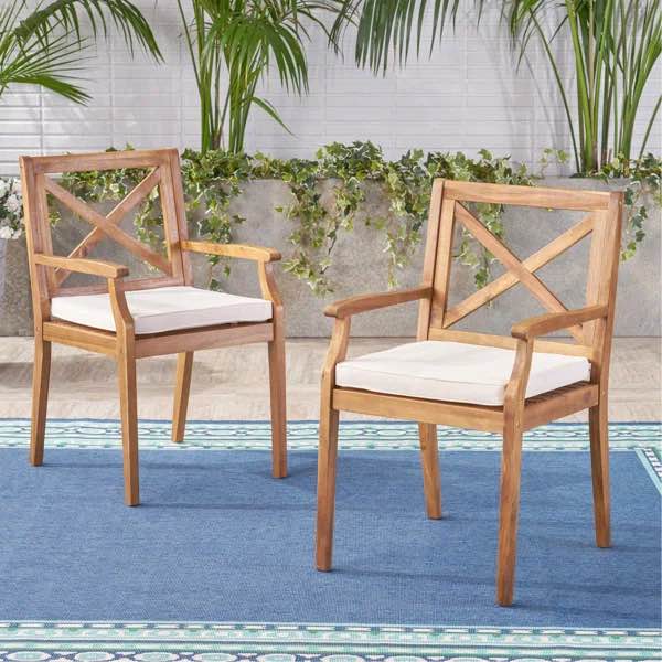Perla Dining Chair,2PCS with 2 teak finish +creamCushions,for Backyard, Poolside, Garden