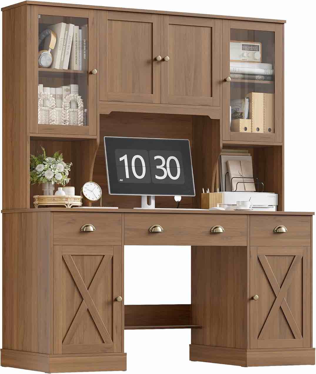 Keyluv 75" Executive Desk with Hutch and Drawers, Computer Desk with Glass Door and Storage Cabinet, 63" W Large Farmhouse Workstation for Home Office Study Writing Gaming Table, Brown