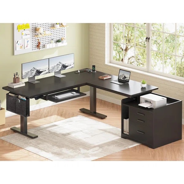 Shaped Shaped Electric Standing Desk With File Cabine color black 