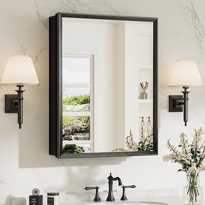 TokeShimi 20”x 26” Mirror Medicine Cabinet for Bathroom, Assembly Required, Black Recessed Medicine Cabinet with Mirror, Steplessly Adjustable Shelves, Beveled Aluminum Frame, Tempered