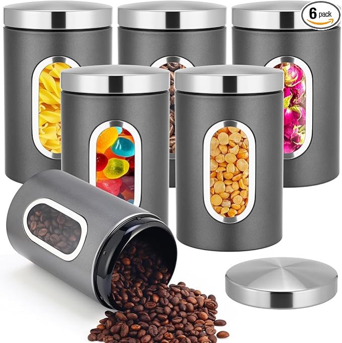 Zopeal 6 Pack Graphite Canisters Sets for Kitchen 50oz Stainless Steel Kitchen Canisters with Transp