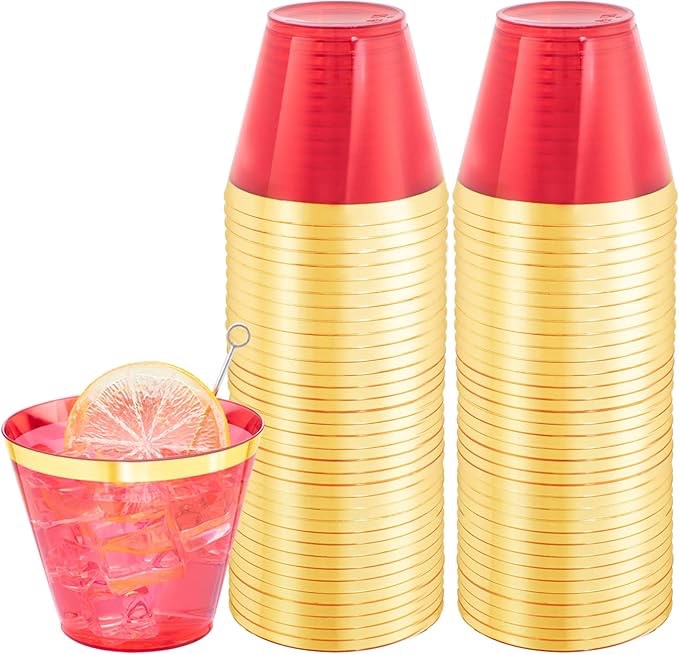 YOUTHSHIP 200Pcs Clear Plastic Cups with Gold Rim, Premium 9 Oz Disposable Party Cups, Hard Plastic Drinking Cups for Party and Wedding c