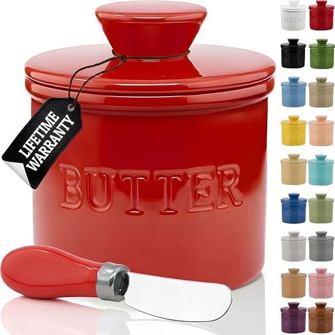 X0040ZQZ07 Ricordd Red Butter Crock & Stain, Dishwasher-Safe. Vibrant Red NEW